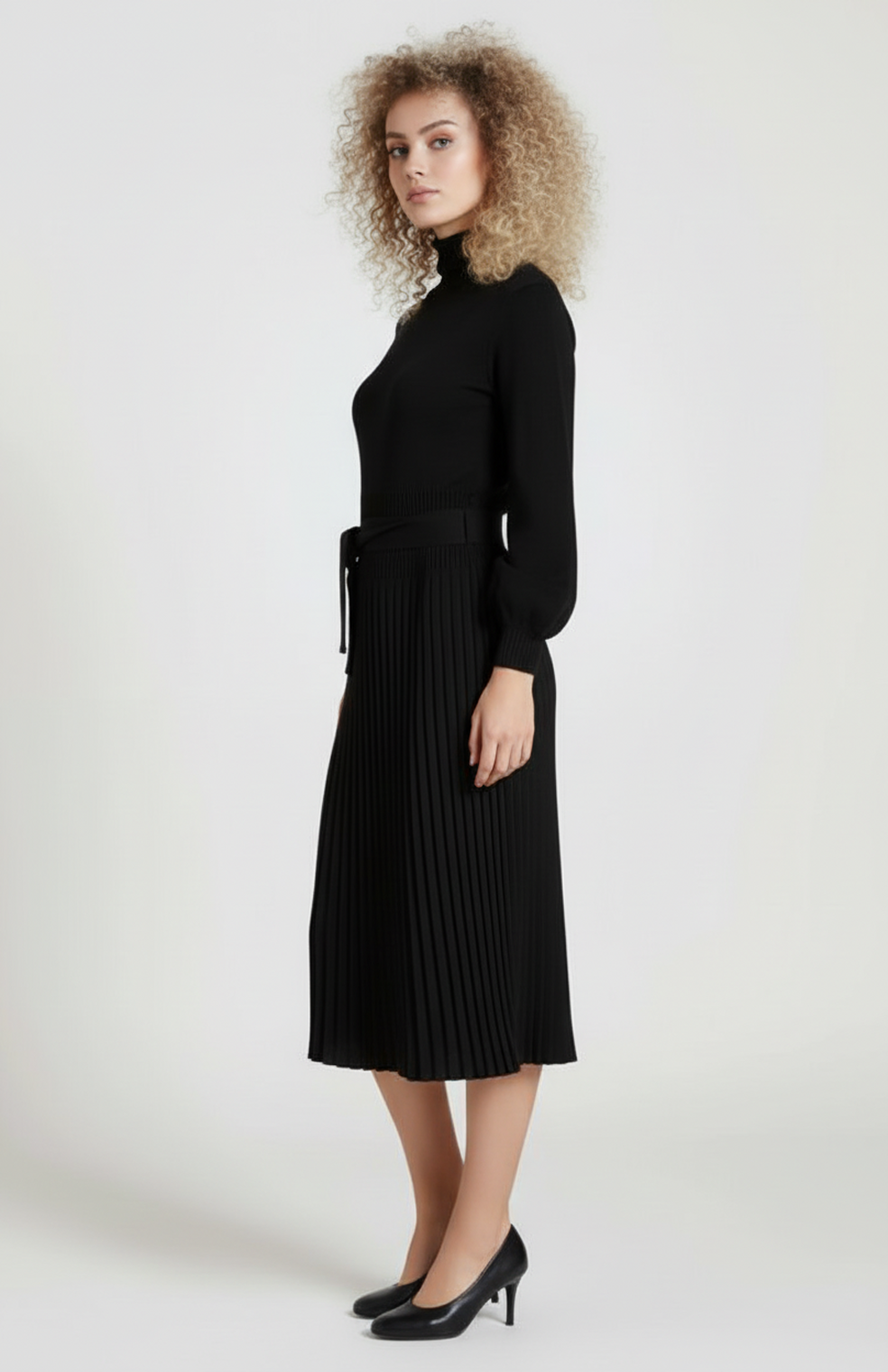 Ginevra Dames Gebreide Jurk | Lange Mouwen | Plissé Rok | Tailleceintuur