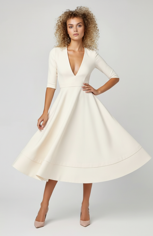 Mireille Midi Jurk | A-Lijn | Diepe V-Hals En Driekwartmouwen