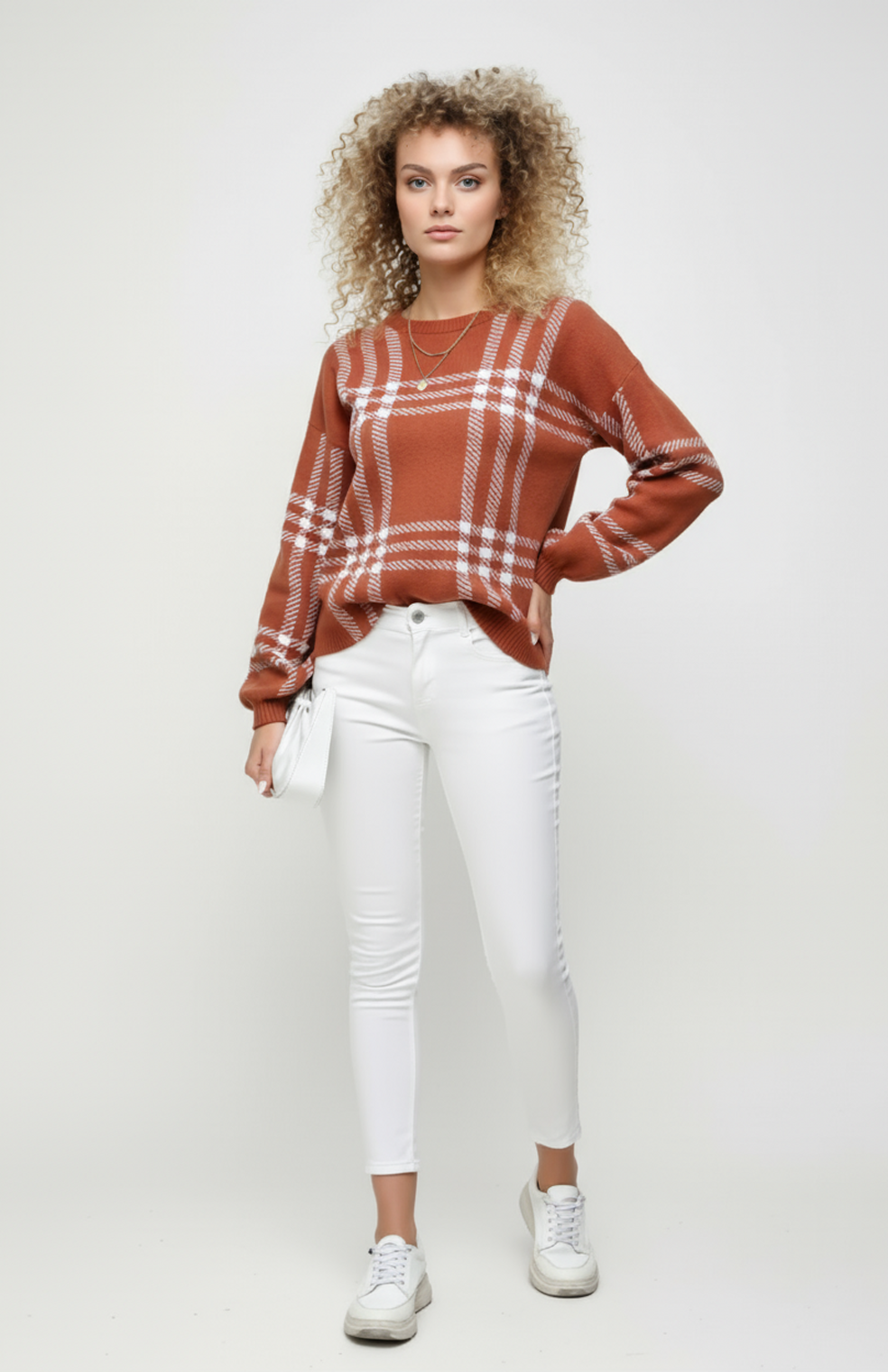 Pernilla Trui Dames | Geruite Sweater met Ronde Halslijn en Gebreid Materiaal