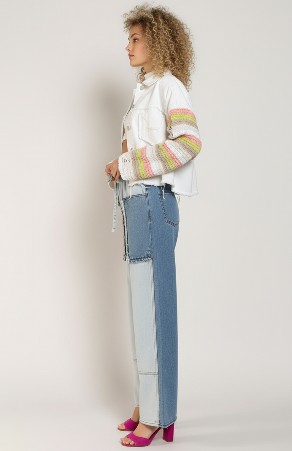 Mirella Denim Jasje | Gebreide Mouwen met Gescheurde Details