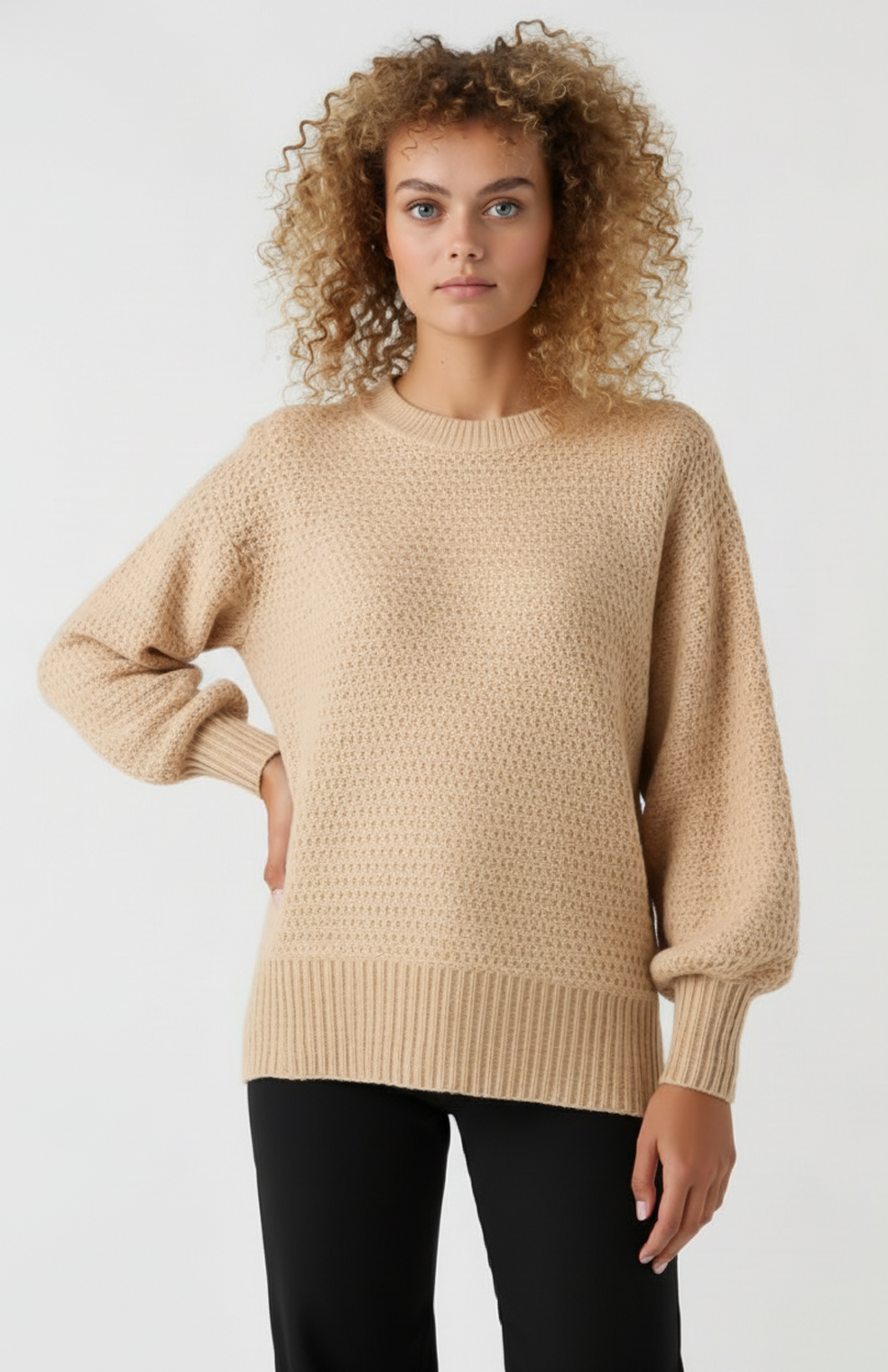 Dames Trui | Textuur Breisel | Comfortabele Pasvorm | Geribde Boorden | Beige