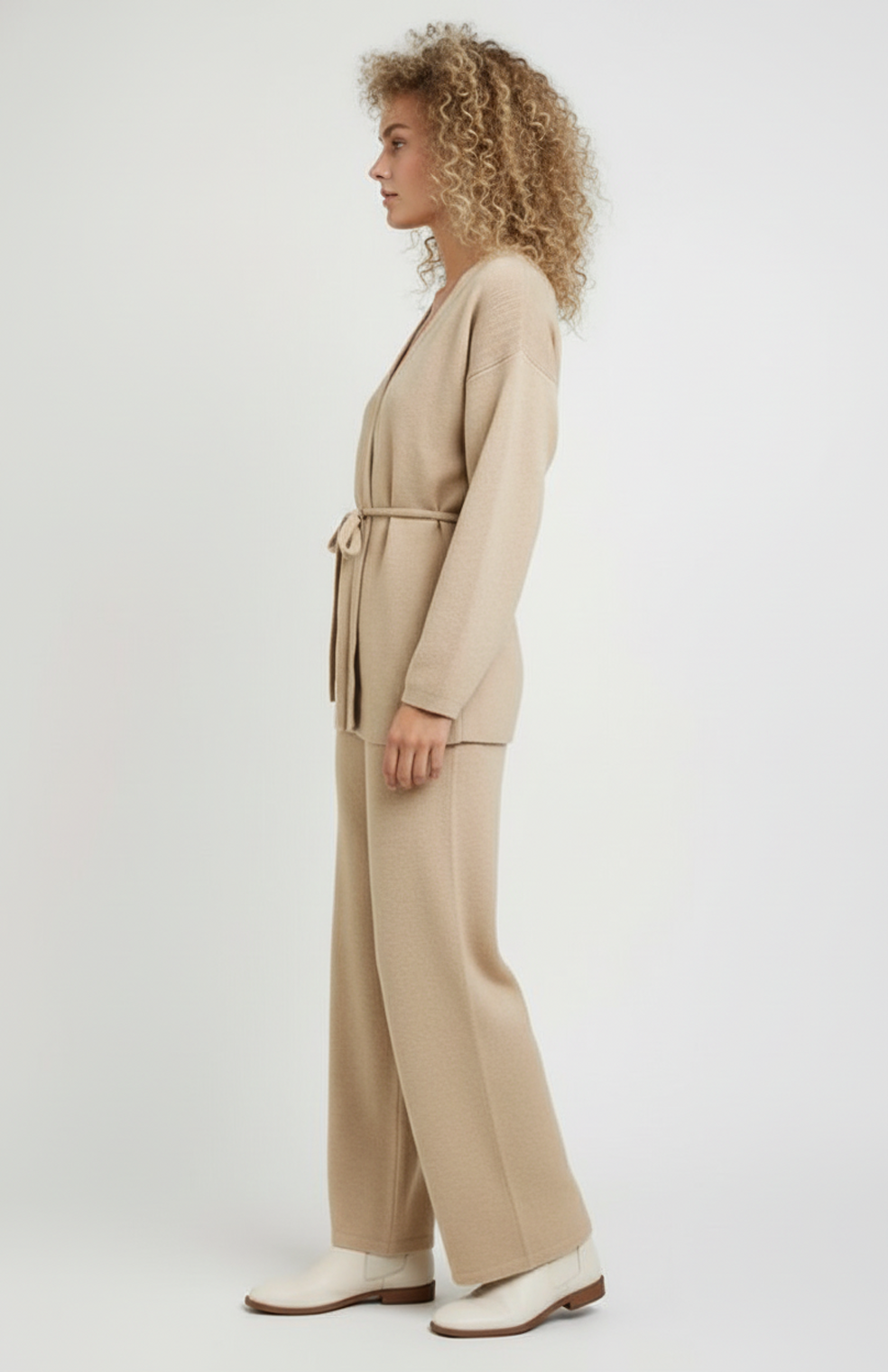 Bettina Dames Knit Co-Ord Set | Wikkelvest met Ceintuur & Wijde Broek | Comfort Fit