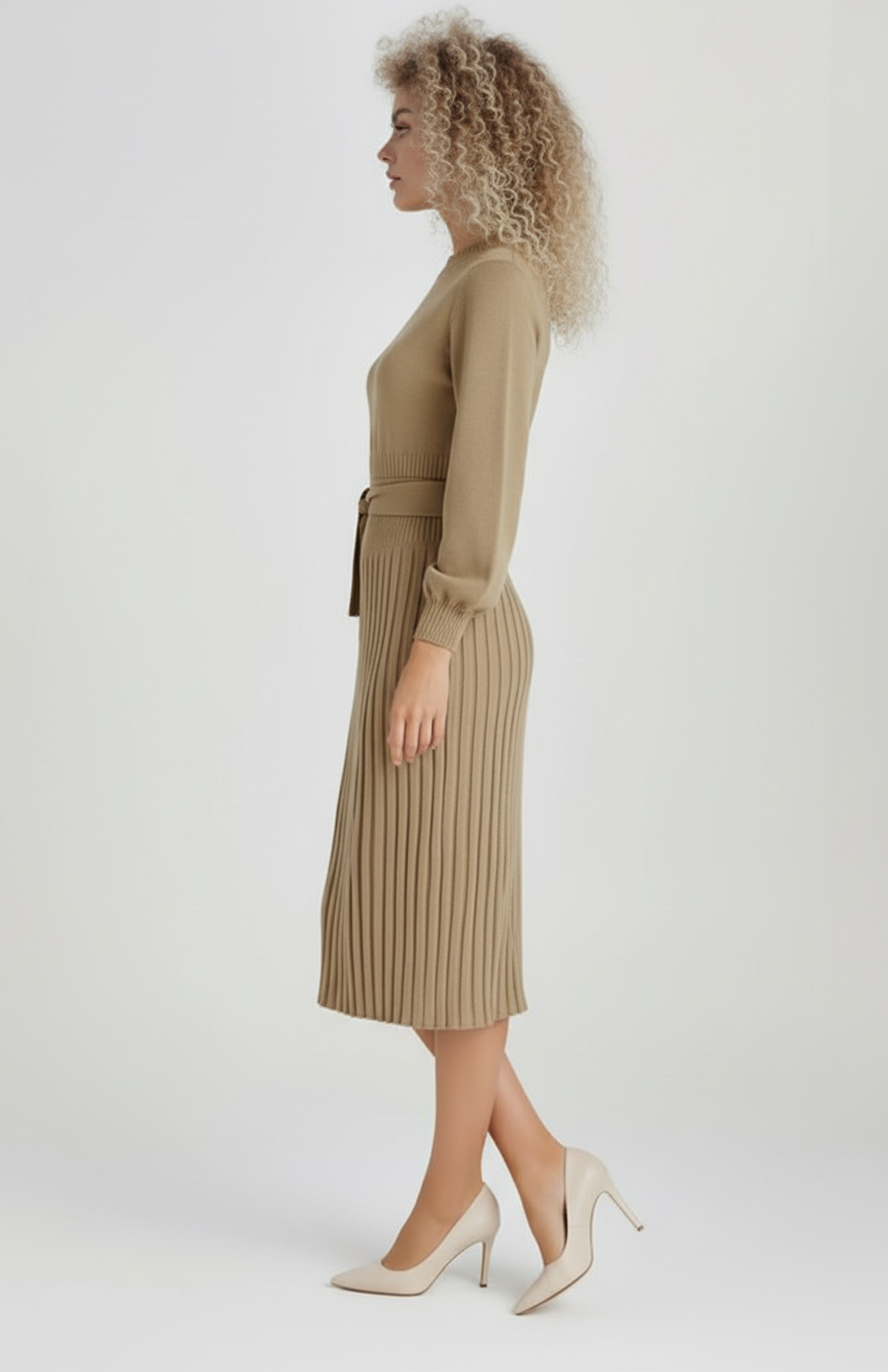 Ginevra Dames Gebreide Jurk | Lange Mouwen | Plissé Rok | Tailleceintuur