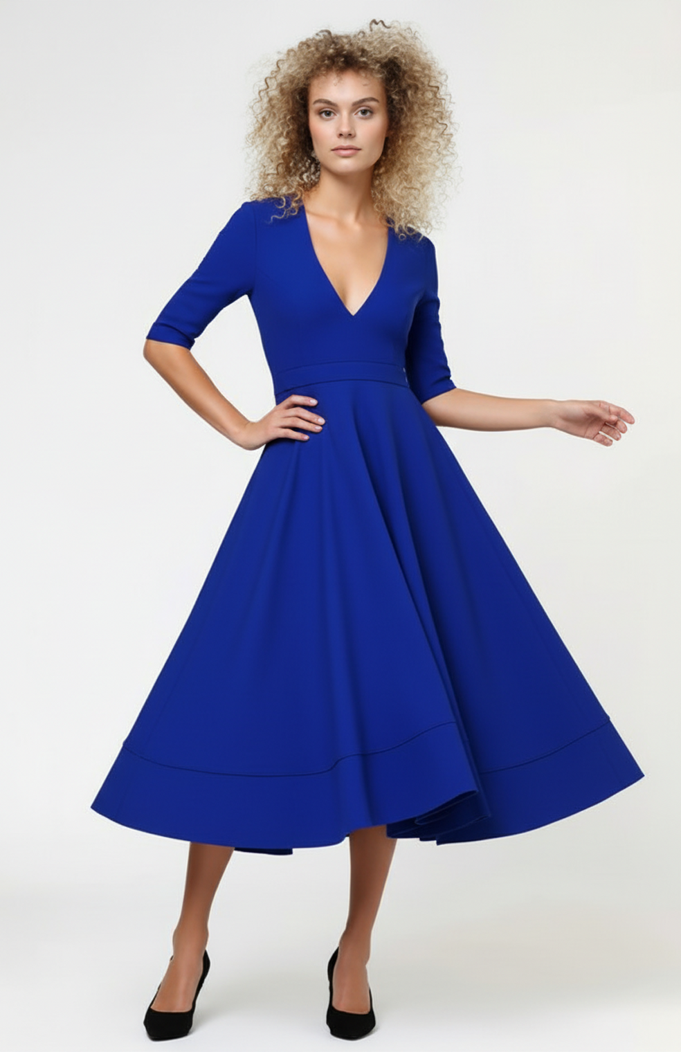 Mireille Midi Jurk | A-Lijn | Diepe V-Hals En Driekwartmouwen