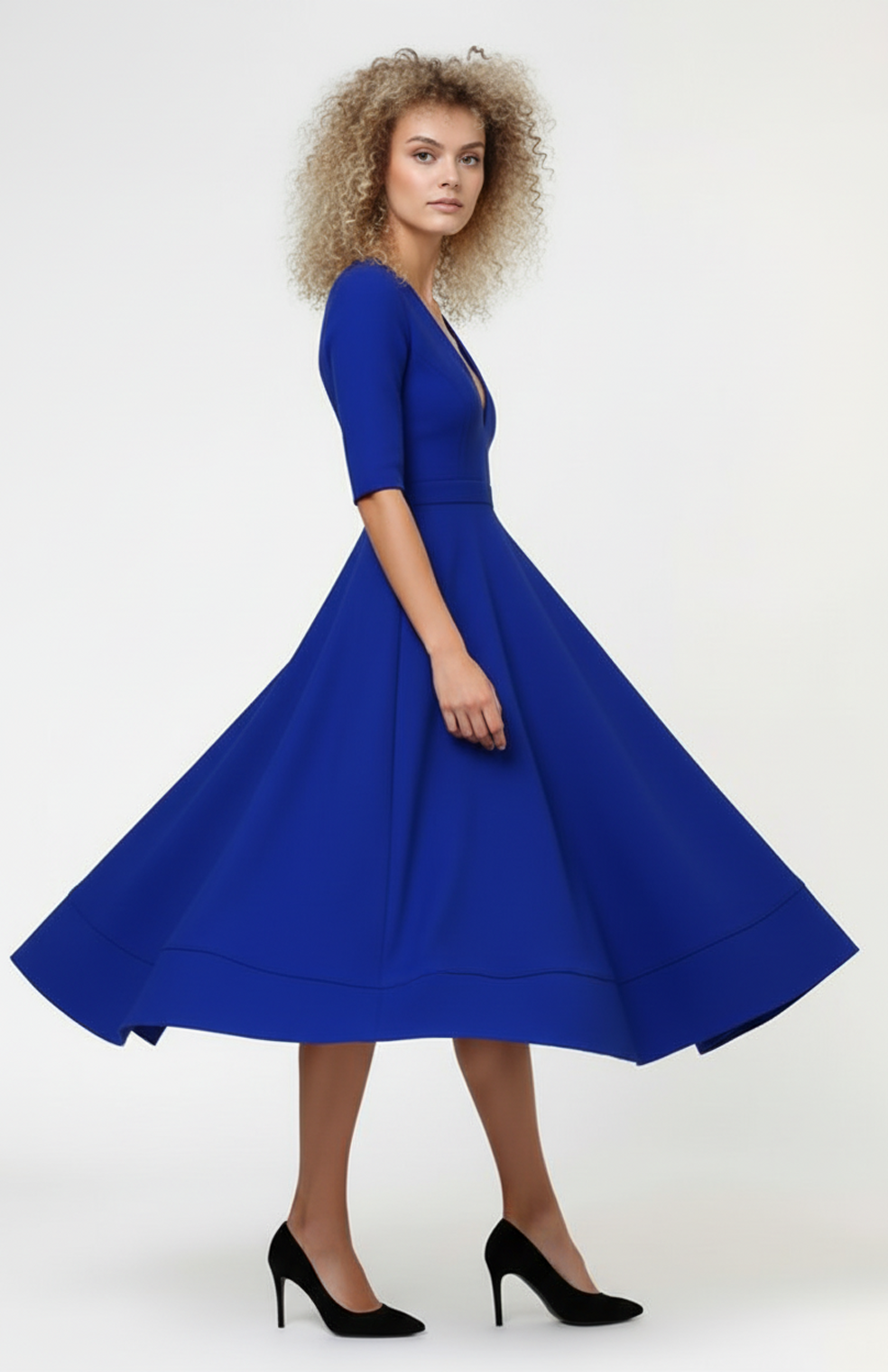 Mireille Midi Jurk | A-Lijn | Diepe V-Hals En Driekwartmouwen