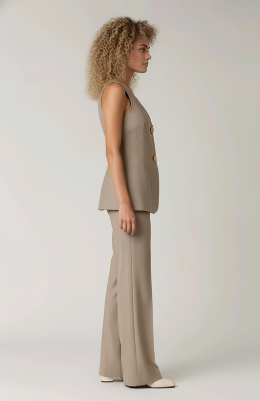 Dames Co-ord Set | Getailleerd Mouwloos Gilet | Flared Pantalon