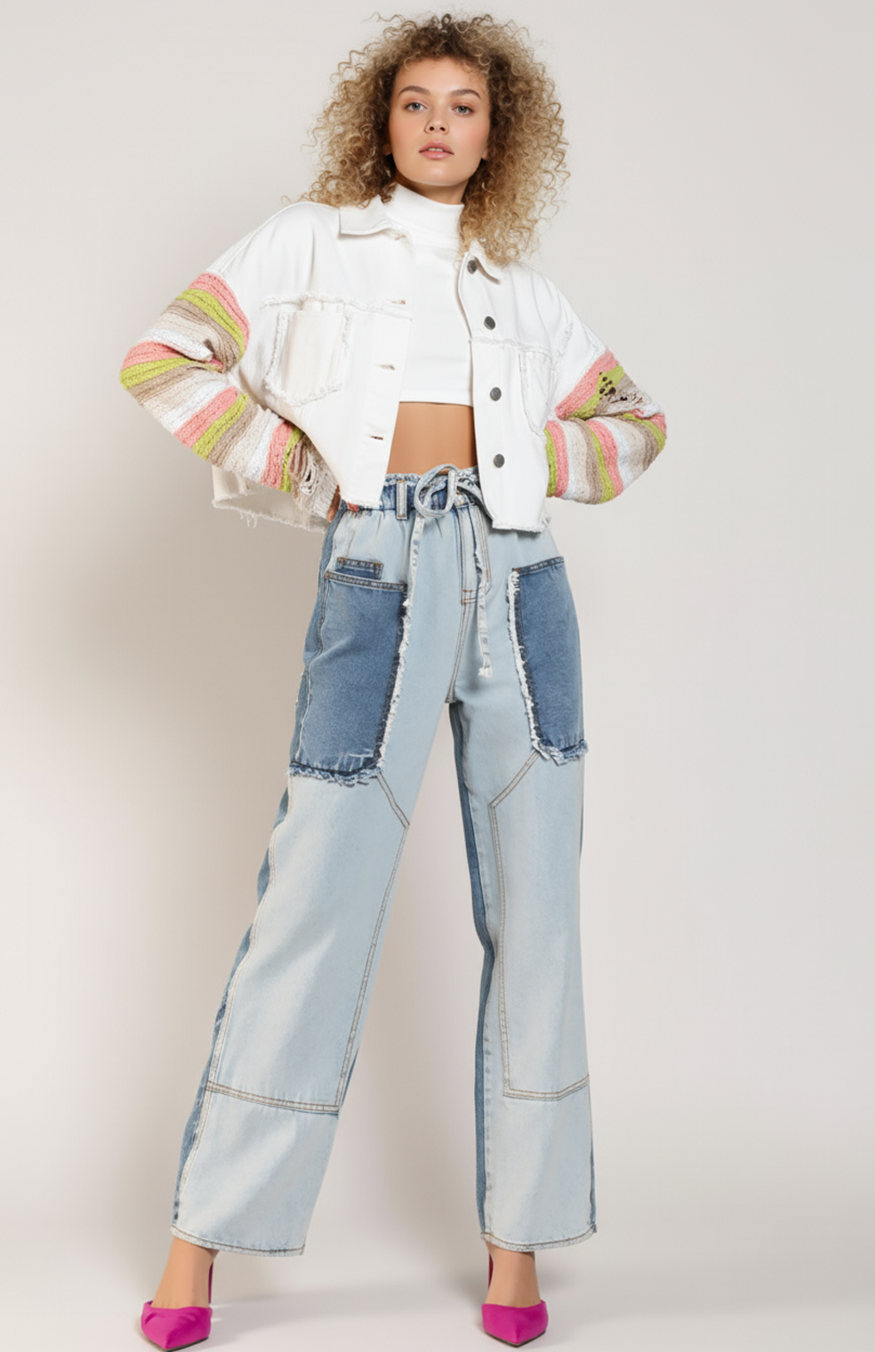 Mirella Denim Jasje | Gebreide Mouwen met Gescheurde Details