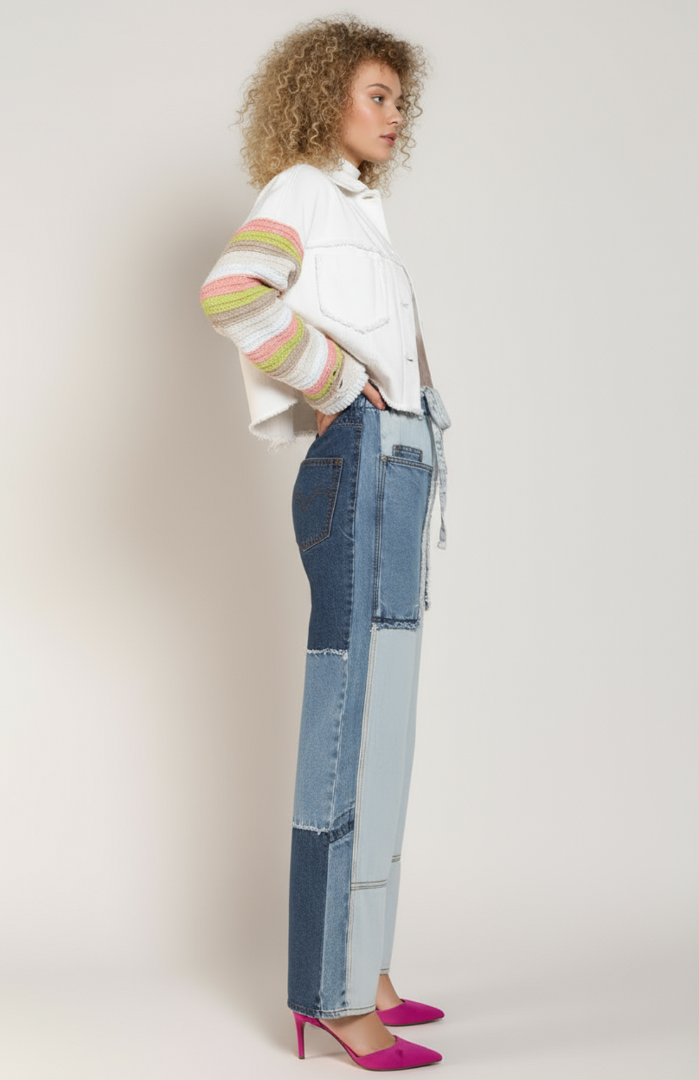 Mirella Denim Jasje | Gebreide Mouwen met Gescheurde Details