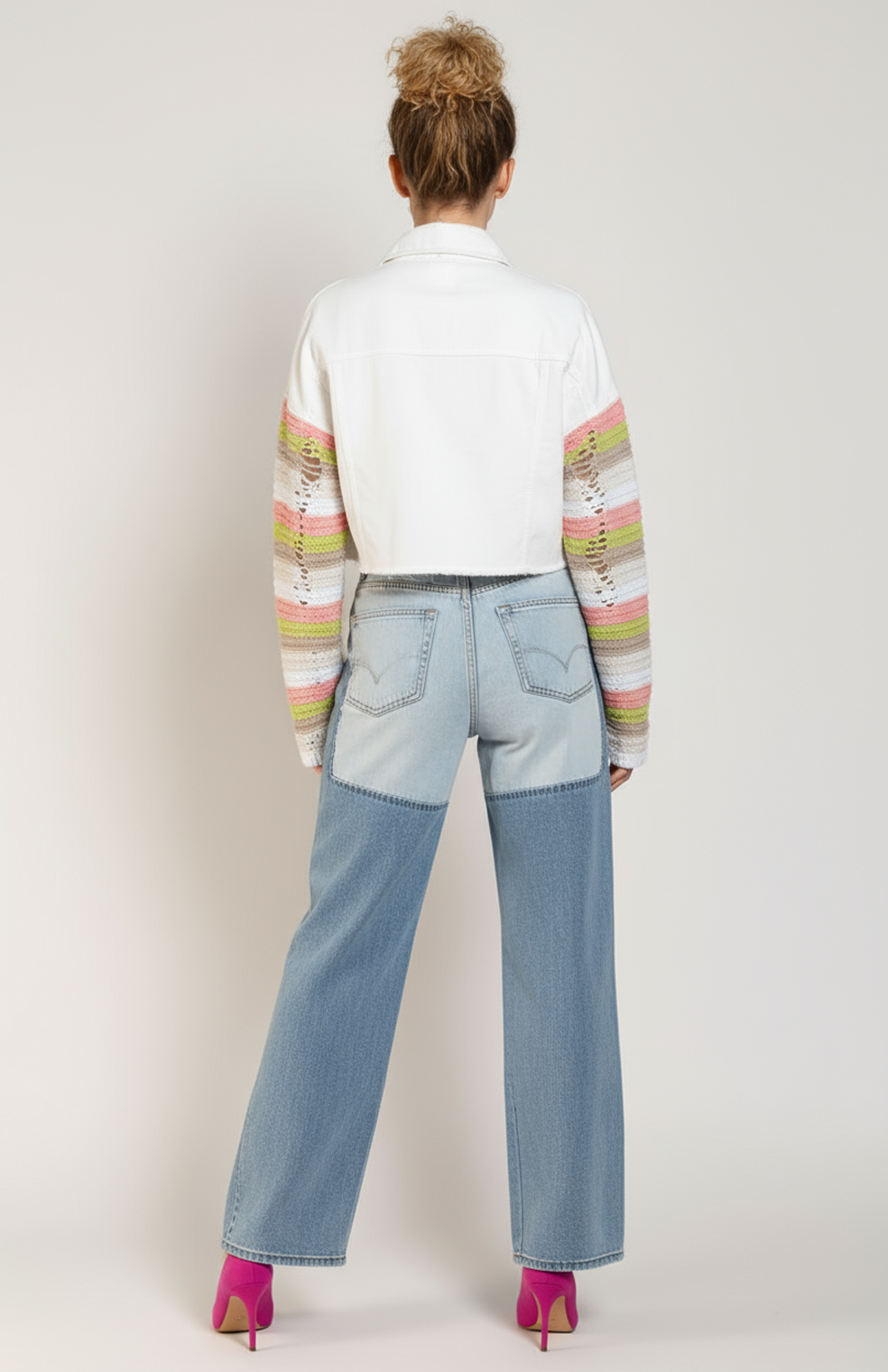 Mirella Denim Jasje | Gebreide Mouwen met Gescheurde Details