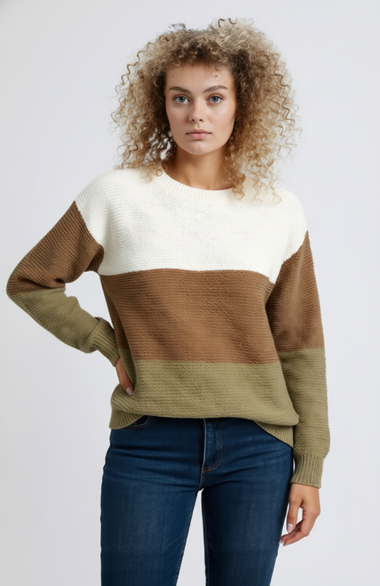 Gerdina Dames Trui | Kleurblokken | Ronde Hals | Zachte Gebreide Structuur